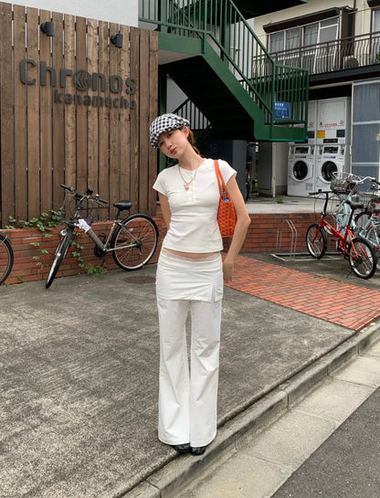 Lace Patch Strap Bootcut Pants White