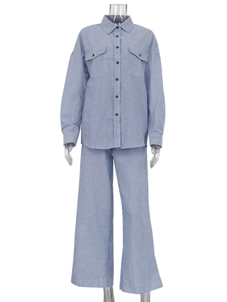 Contrast Color Shirt Pants Suit 2-piece Summer Striped Patchwork Suit 2-piece Pants Suit