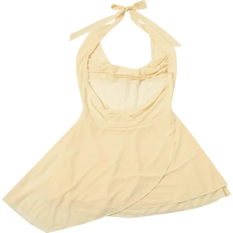 V-neck Mini Dress for Ruffled Backless Lace-up Patchwork Mesh Autumn New Slim Female Party Dress
