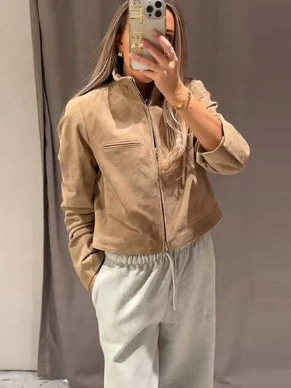 Stand Collar Suede Leather Jacket Coat Zipper Retro Long Sleeved Biker Jackets Loose Front Shoulder Short Outwear