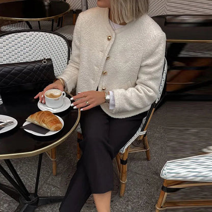 O-neck Plush Short Coats Retro Slim Fit Single Breasted Jackets Female New Spring Office Outwear
