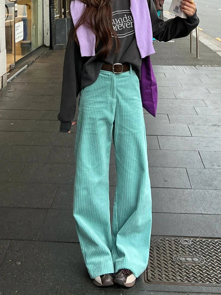 Striped Corduroy Wide Pants Plain High Rise Straight Loose Draped Long Trousers Korean Autumn Clothes