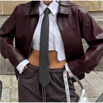 Pu Leather Jackets Coats Turn Down Collar Long Sleeve Zipper Female Motorcycle Top Coat Autumn Outwear