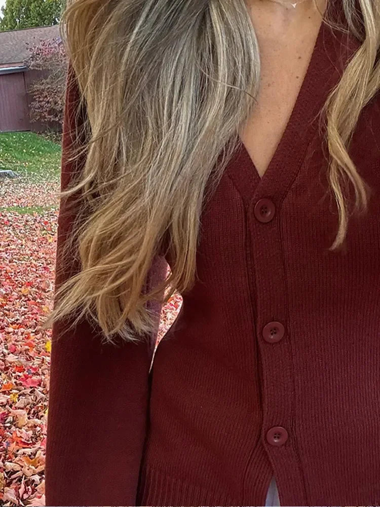 V-neck Knitted Bodycon Cardigan Single Breasted Long Sleeves Sweater Autumn Lady Singlet Knitwear