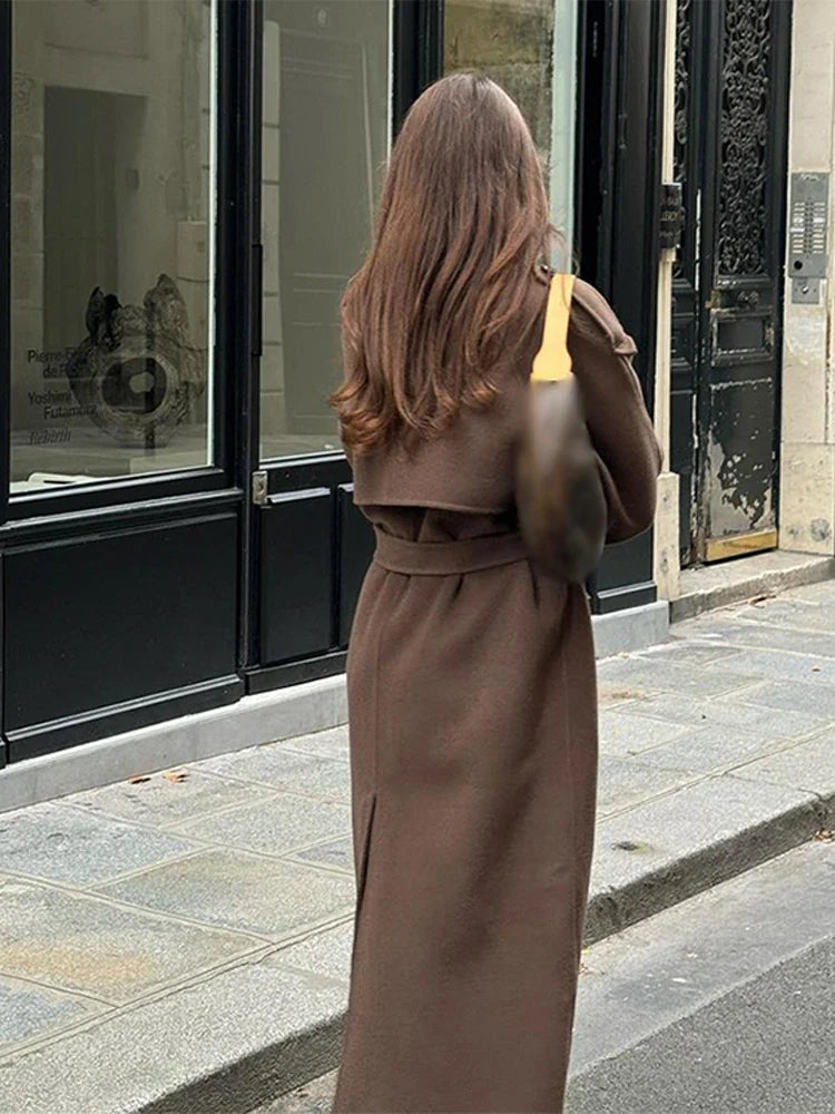 Lapel Long Coats With Belt Lace Up Double Breasted Full Sleeve Overcoat Autumn Winter New Lady