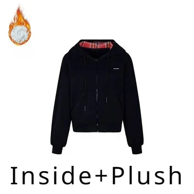 Tavimart - Plaid Patchwork Hoodies Gray 90s Retro Sweatshirt With Zipper Oversized Autumn Winter Clothes