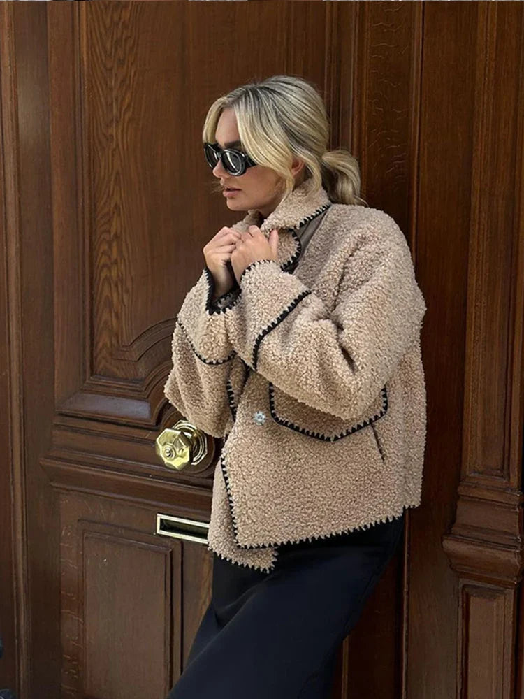 Contrasting One Button Lamb Woolen Coat Lapel Long Sleeves Short Plush Jacket Autumn Lady Street Outwear