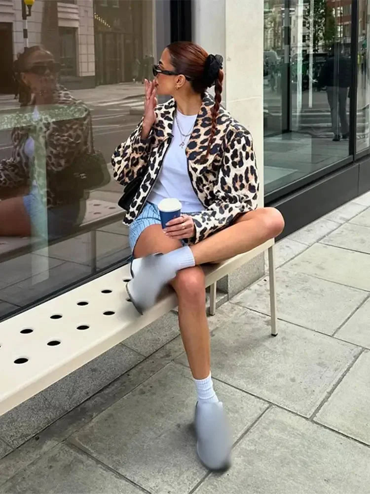 Leopard Print Bomber Jacket Lapel Long Sleeves Zipper Pockets Loose Coat Autumn Lady High Streetwewar