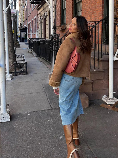 Color Thicken Lapel Short Jacket Winter New Woman Single Breasted With Pockets Coat High Street Outerwear