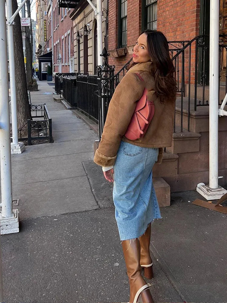 Color Thicken Lapel Short Jacket Winter New Woman Single Breasted With Pockets Coat High Street Outerwear