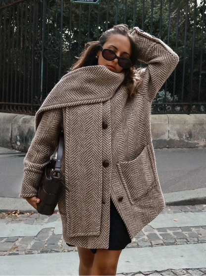 Retro Striped Scarf Collar Wool Blends Jacket Pockets Single Breasted Full Sleeve Coat Lady New Outwear