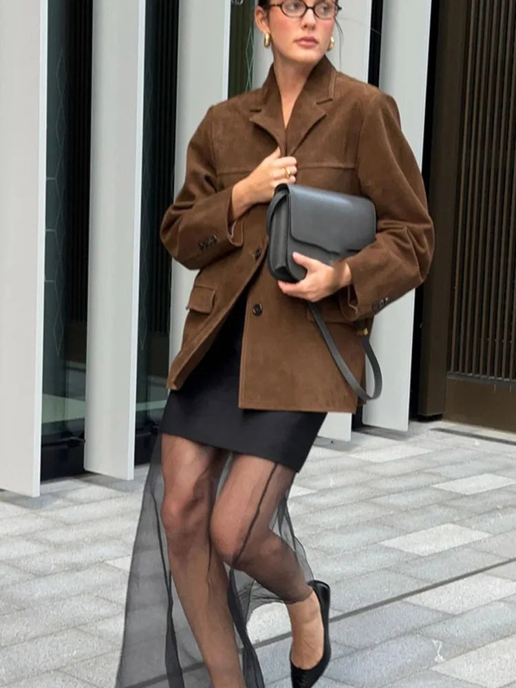 Brown Cropped Lapel Jacket Single Breasted Long Sleeve Loose Coat New Winter Female