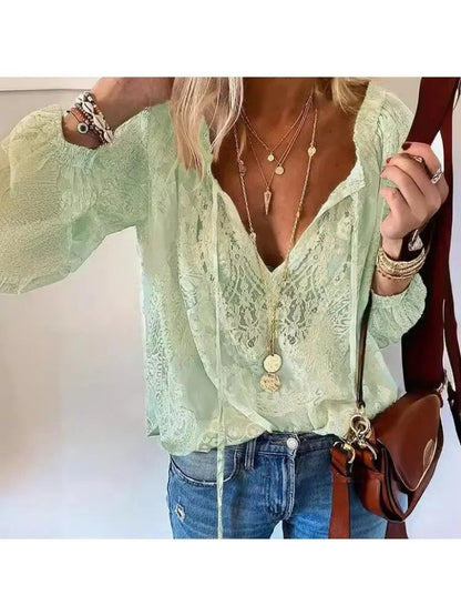 Button Lace-up Long Sleeve Blouse