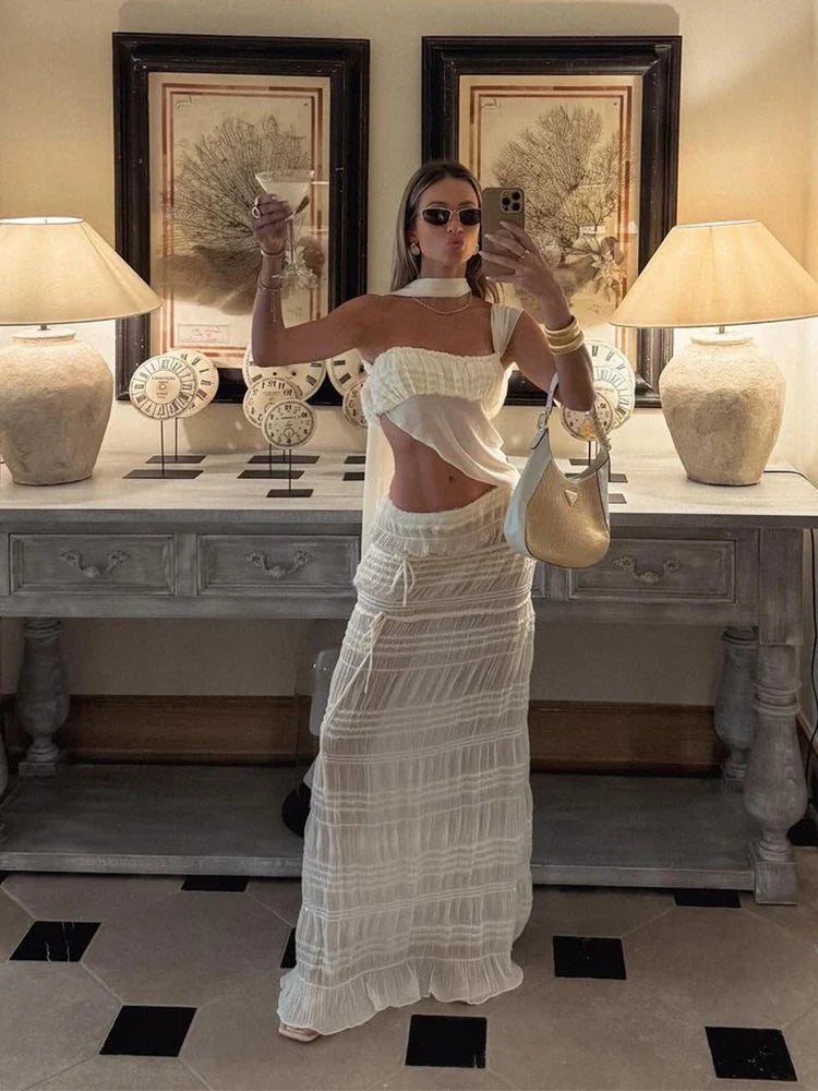 Beach Party Two-piece Set See Through Scarf Mini Wrap Top Mesh Irregular Hem+multi-pleated Bottoms Matching Suits