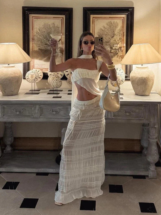 Beach Party Two-piece Set See Through Scarf Mini Wrap Top Mesh Irregular Hem+multi-pleated Bottoms Matching Suits