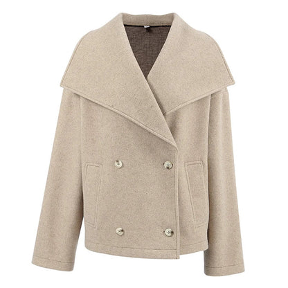 Tavimart - Large Lapel Collar Short Coats Retro Double-breasted Pocket Coat Female Autumn Loose Street Outwear