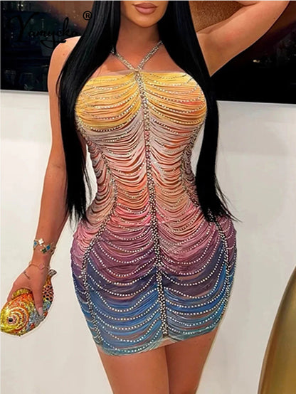 Rhinestone Backless Bodycon Mini Dress