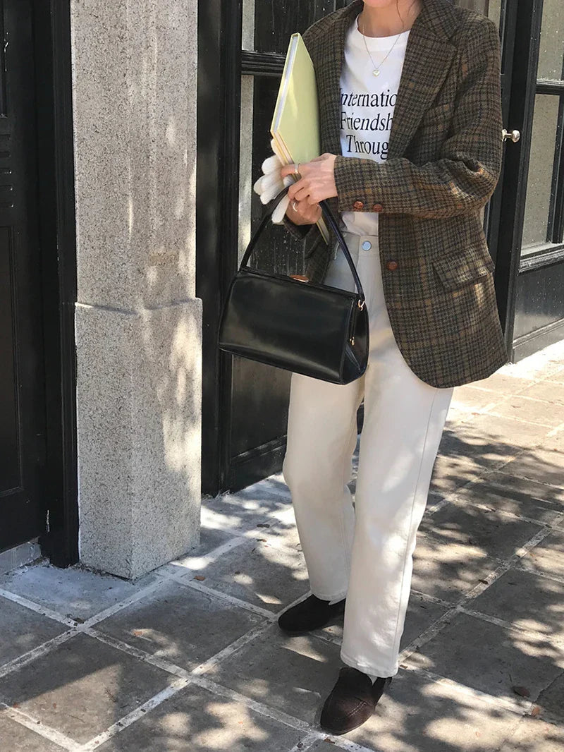 Wool Blends Coats Plaid Woolen Jacket Commute Blazer Korean Long Sleeve Outerwears Winter Overcoat