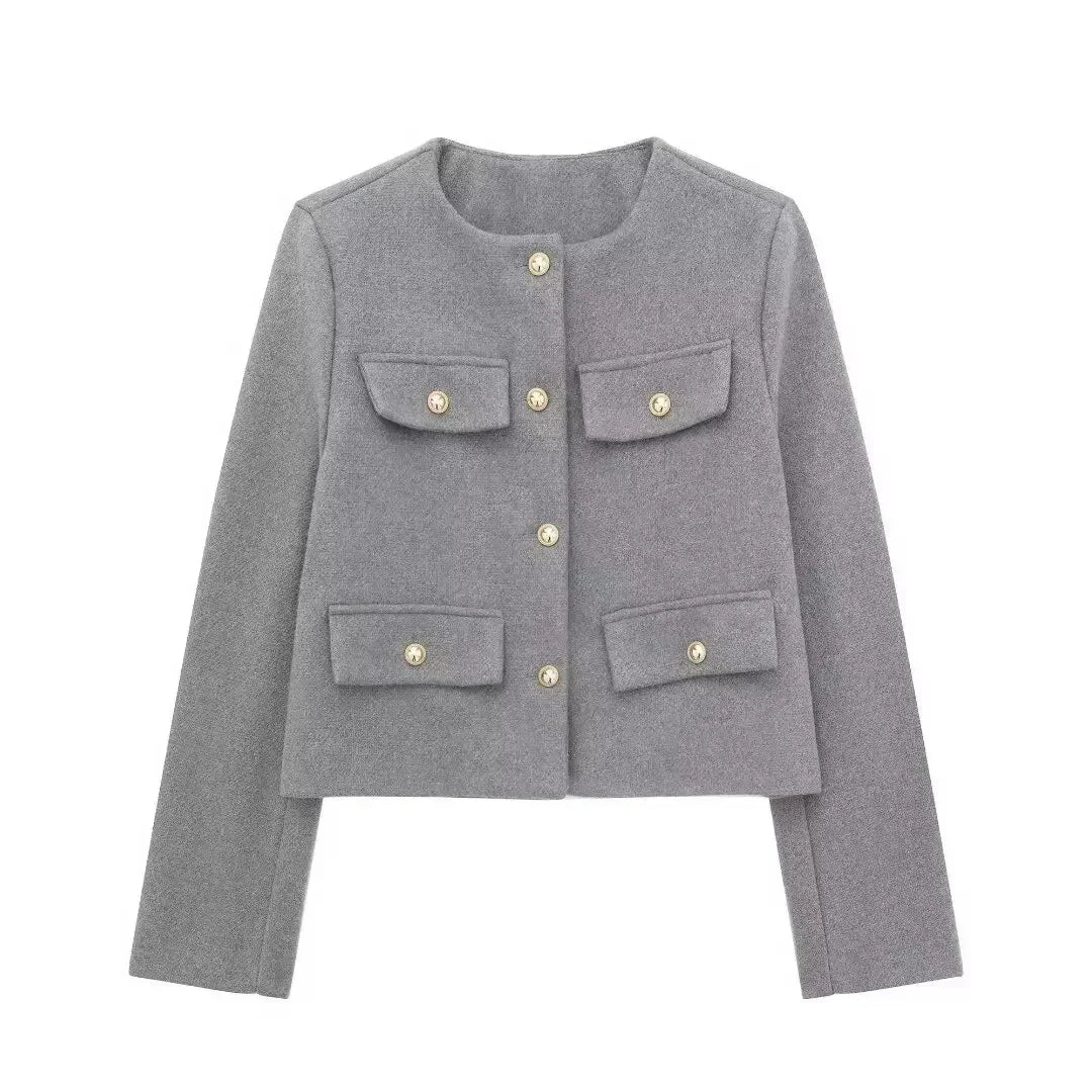 Button Fake Pocket Jacket O-neck Long Sleeve Single Breasted Cropped Coats New Lady Outerwear