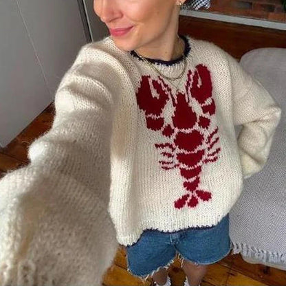 Lobster Patterm Knitted Pullovers Autumn Winter Long Sleeve Knitwear 90s Grunge Preppy Style Y2k Sweater Clothes