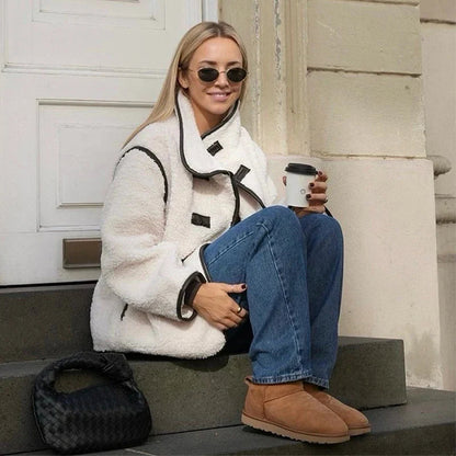 Plush Stand Collar Jackets Coat Lambwool White Single-breasted Pockets Jacket Female Autumn High Street Outwear