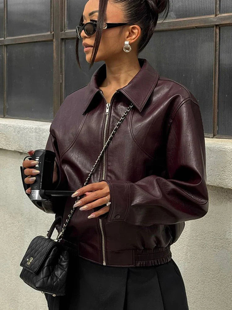 Pu Leather Jackets Coats Turn Down Collar Long Sleeve Zipper Female Motorcycle Top Coat Autumn Outwear