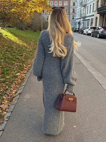 Modest Knitted Long Dress Loose Buttons Sweater Cardigans Fall Commuter Lady Fashionable Woman Wear
