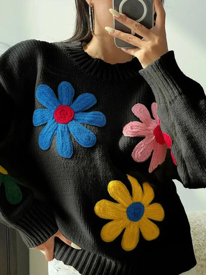 Autumn Knitted Sweater Sweet Flower Loose Long Sleeve O-neck Female Pullovers New Loose Tops
