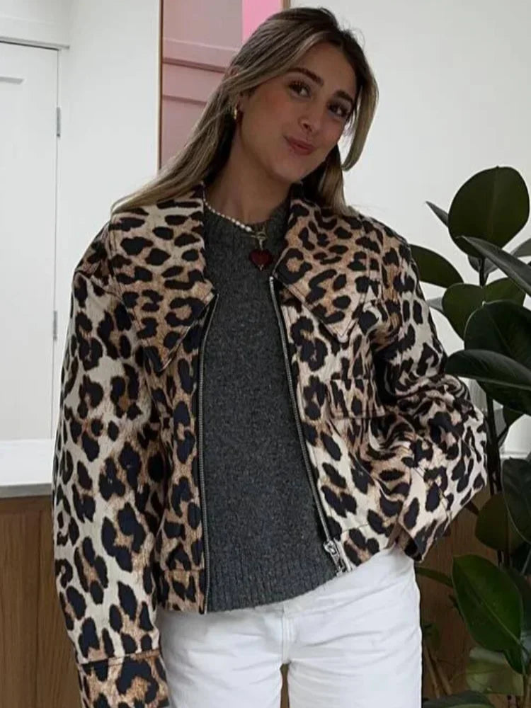 Leopard Print Bomber Jacket Lapel Long Sleeves Zipper Pockets Loose Coat Autumn Lady High Streetwewar