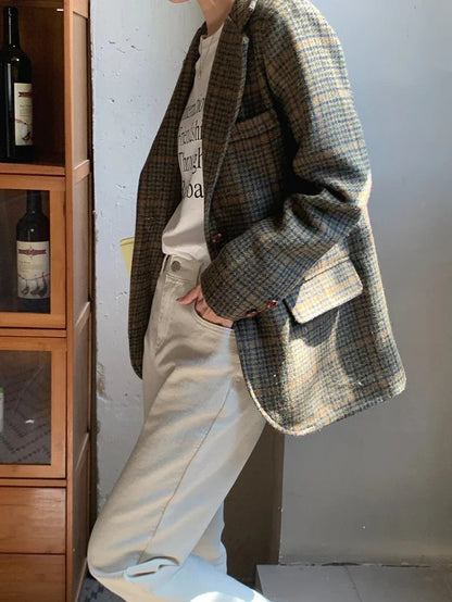 Wool Blends Coats Plaid Woolen Jacket Commute Blazer Korean Long Sleeve Outerwears Winter Overcoat