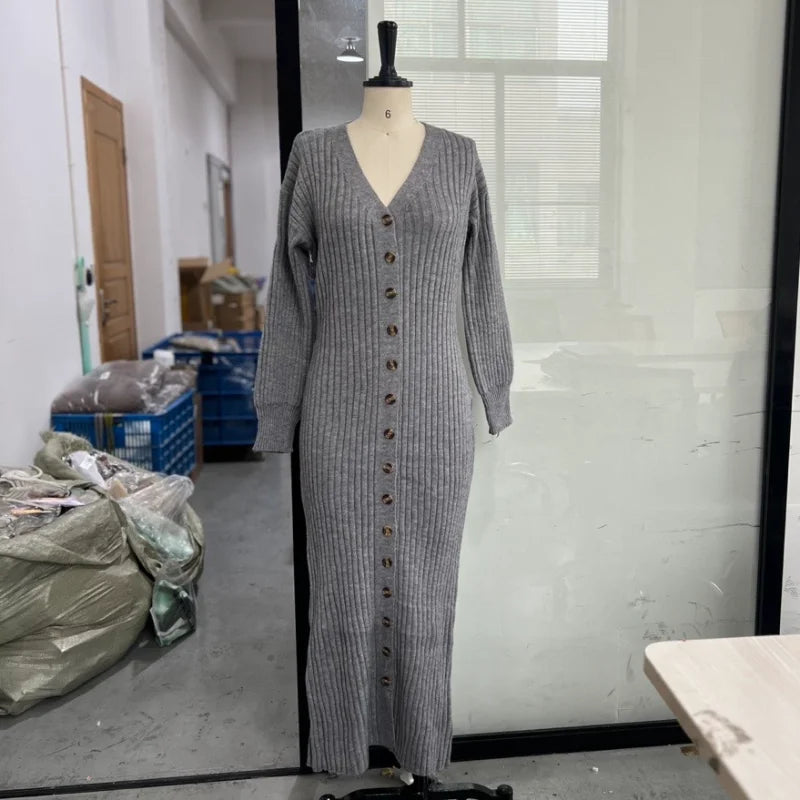 Modest Knitted Long Dress Loose Buttons Sweater Cardigans Fall Commuter Lady Fashionable Woman Wear