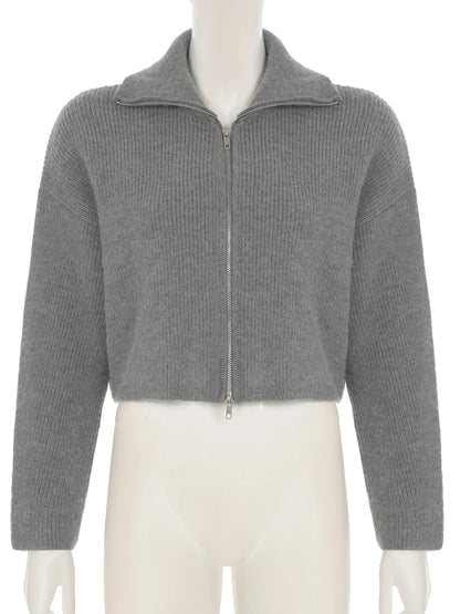 Zipper Knitted Cardigans Slim Turn-down Collar Long Sleeve Sweater Coats Autumn Winter