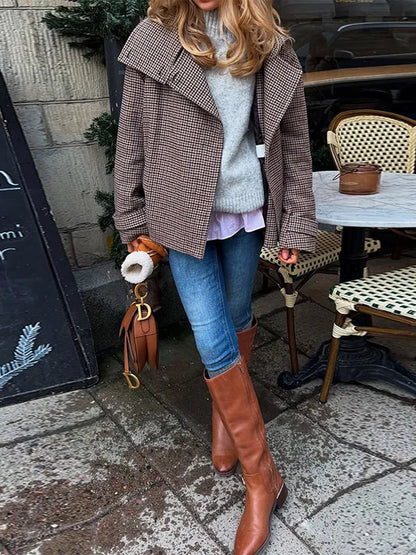 Plaid Double Breasted Street Coat Drop-shoulder Long Sleeve Stand Collar Loose Pocket Jacket Autumn Outwear
