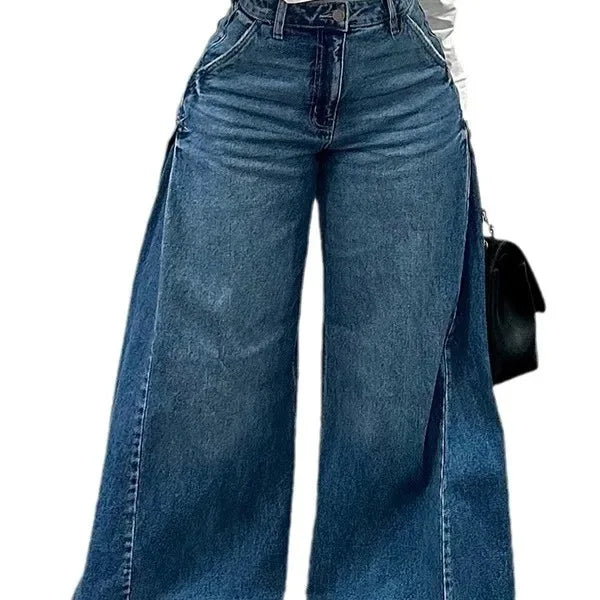 Blue Washed Flared Jeans Harajuku Y2k Oversized Wide Leg Spliced Tassel Denim Pants Baggy American Retro Trousers