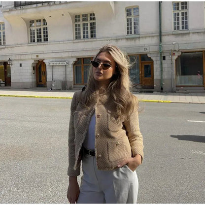 O-neck Pockets Short Coats for Autumn Long Sleeve Single Breasted Tweed Jacket New Cropped Coats Female