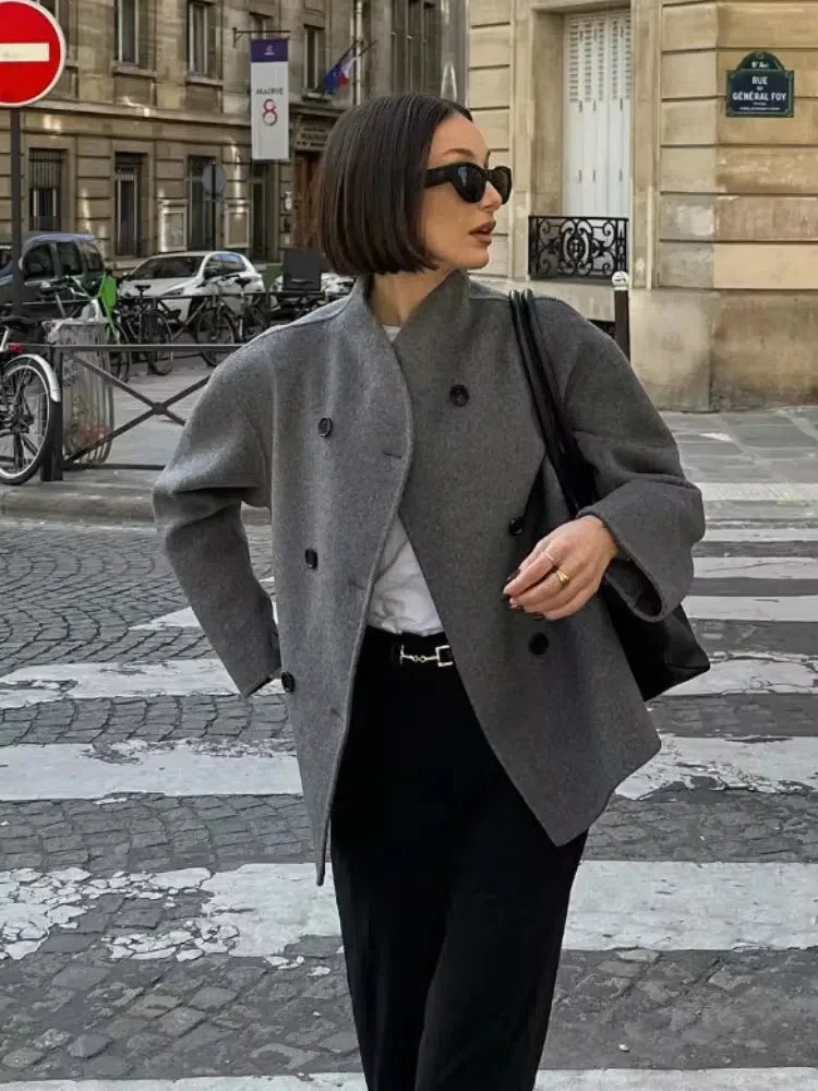 Wool Coats Loose Double Breasted Stand Collar Short Jacket Fall Winter Coat Female Commute Outerwear