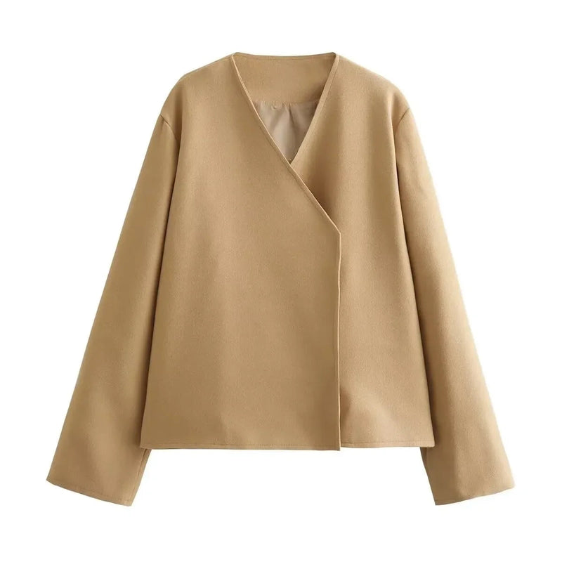 V-neck Khaki Thicken Wool Jacket Autumn Winter Loose Blend Coat Female Warm Outfit Coats for