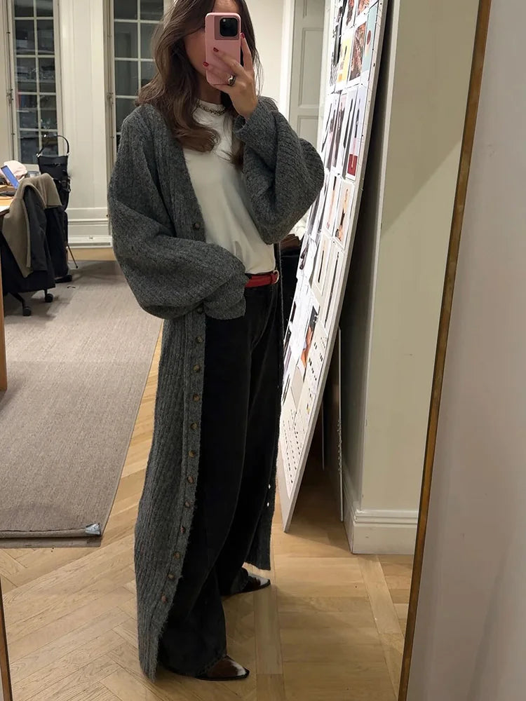 Modest Knitted Long Dress Loose Buttons Sweater Cardigans Fall Commuter Lady Fashionable Woman Wear