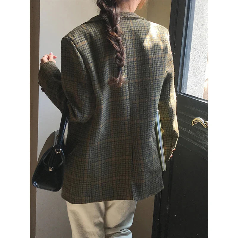Wool Blends Coats Plaid Woolen Jacket Commute Blazer Korean Long Sleeve Outerwears Winter Overcoat