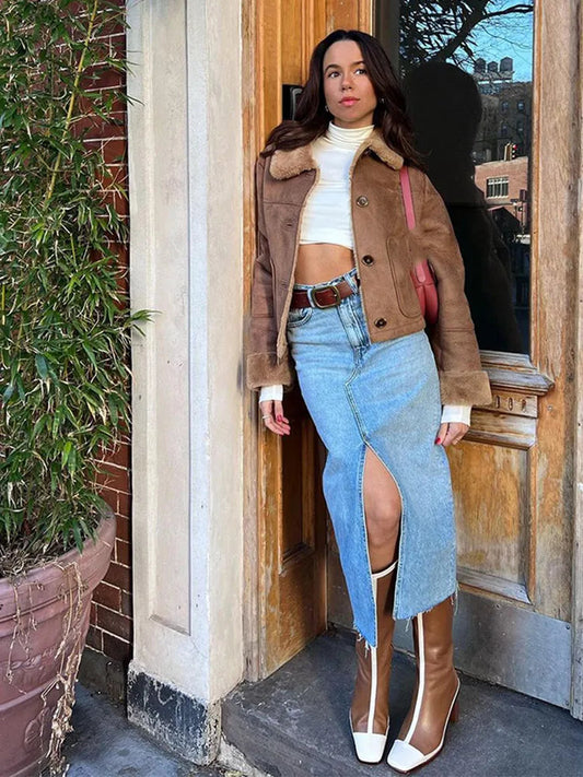 Color Thicken Lapel Short Jacket Winter New Woman Single Breasted With Pockets Coat High Street Outerwear
