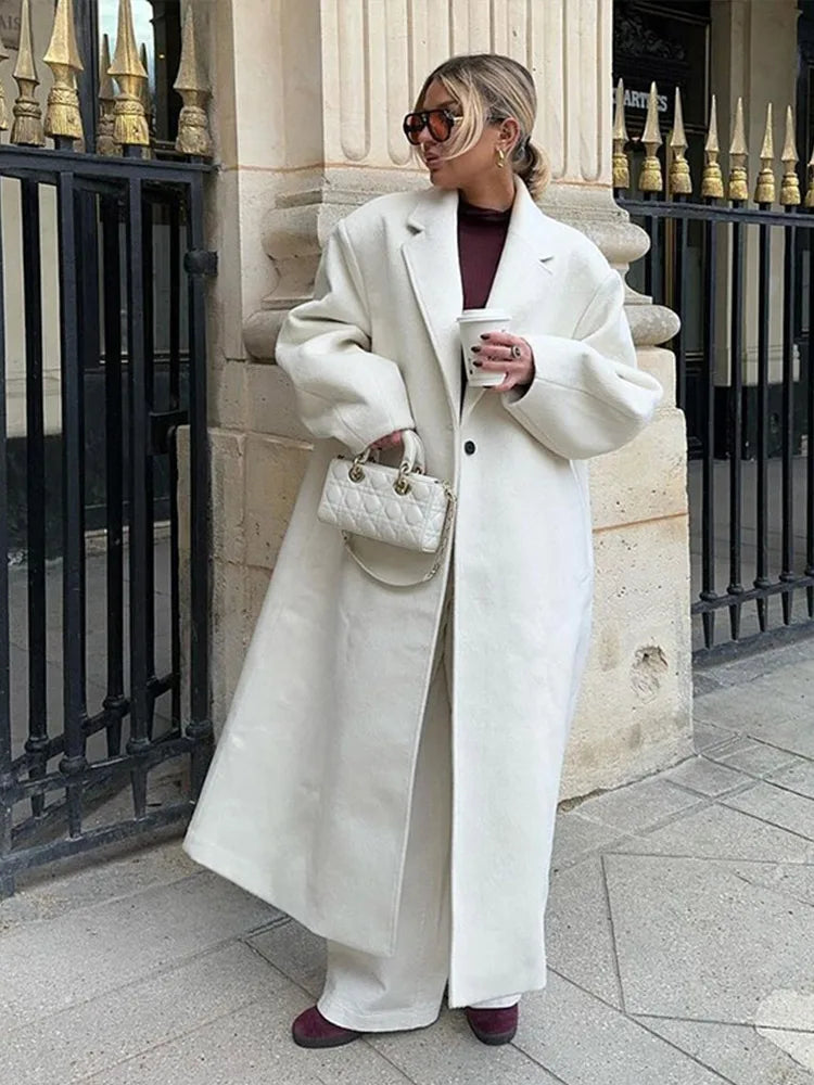 Gray Striped Long Coats Woolen Lapel Long Sleeve Back Split Loose Jackets Autumn Street Outwears