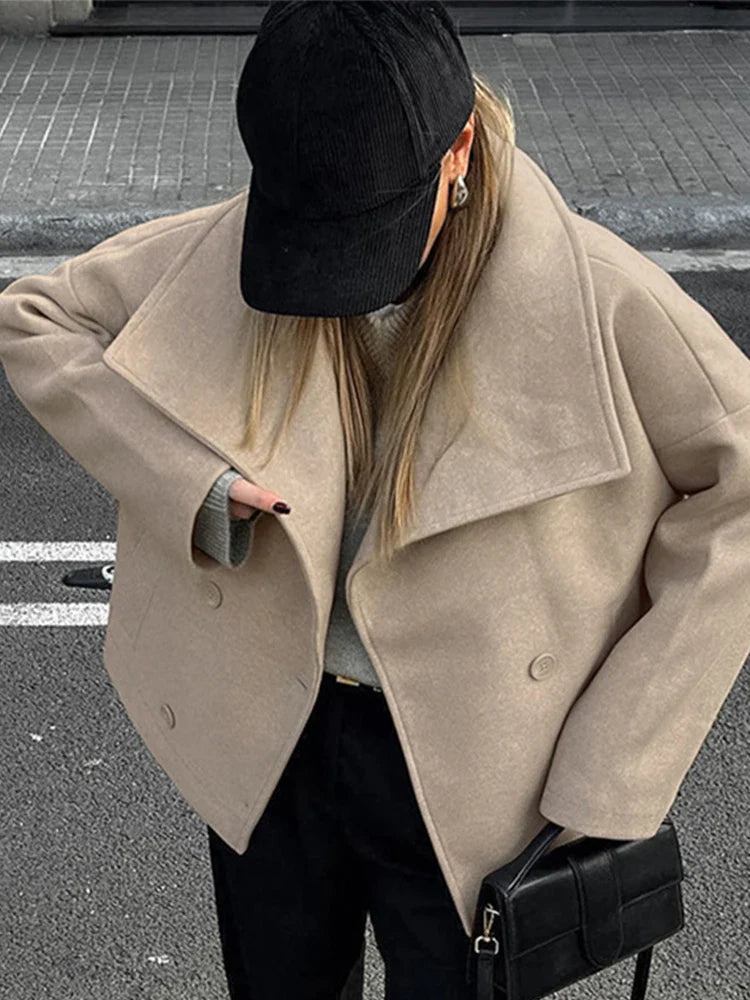 Tavimart - Large Lapel Collar Short Coats Retro Double-breasted Pocket Coat Female Autumn Loose Street Outwear