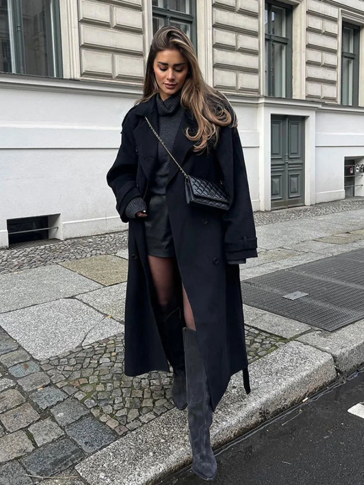 Double Breasted Woolen Overcoat Lapel Long Sleeve Jacket With Belt Female New Commute Outerwear
