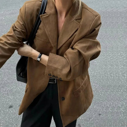 Lapel Pocket Suede Leather Jacket Loose Single Button Oversize Brown Coats Female Street Clothes