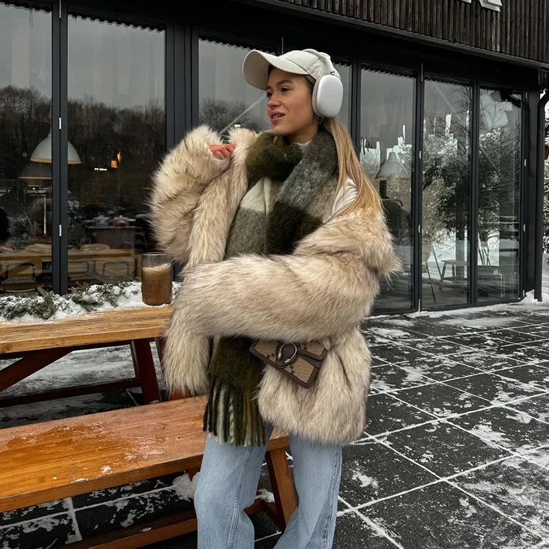 Brand Fluffy Faux Fur Jacket Winter Long Thicken Warm Gradient Fox Fur Coat Furry Overcoat
