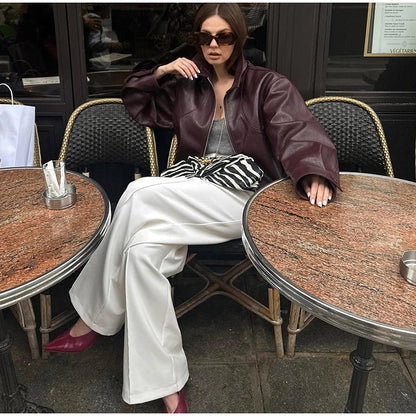 Pu Leather Jackets Coats Turn Down Collar Long Sleeve Zipper Female Motorcycle Top Coat Autumn Outwear