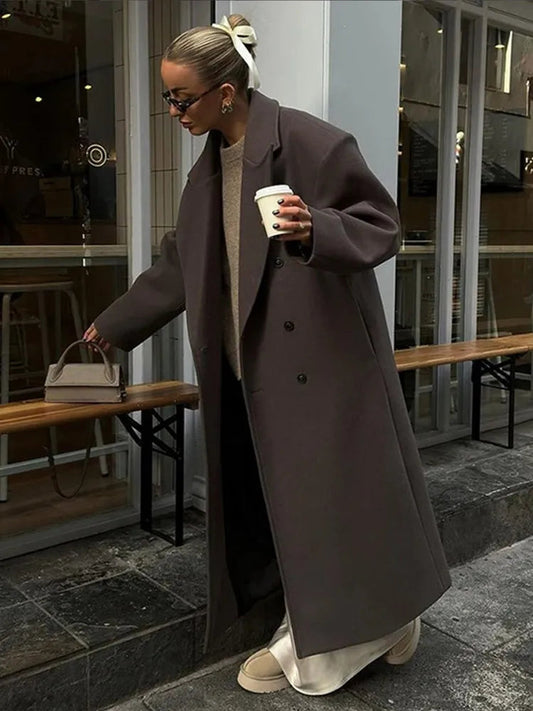 Brown Wool Long Coats for Loose Turn Down Collar Double Breasted Female Overcoat Autumn Winter Street Lady Outwear