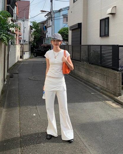 Lace Patch Strap Bootcut Pants White