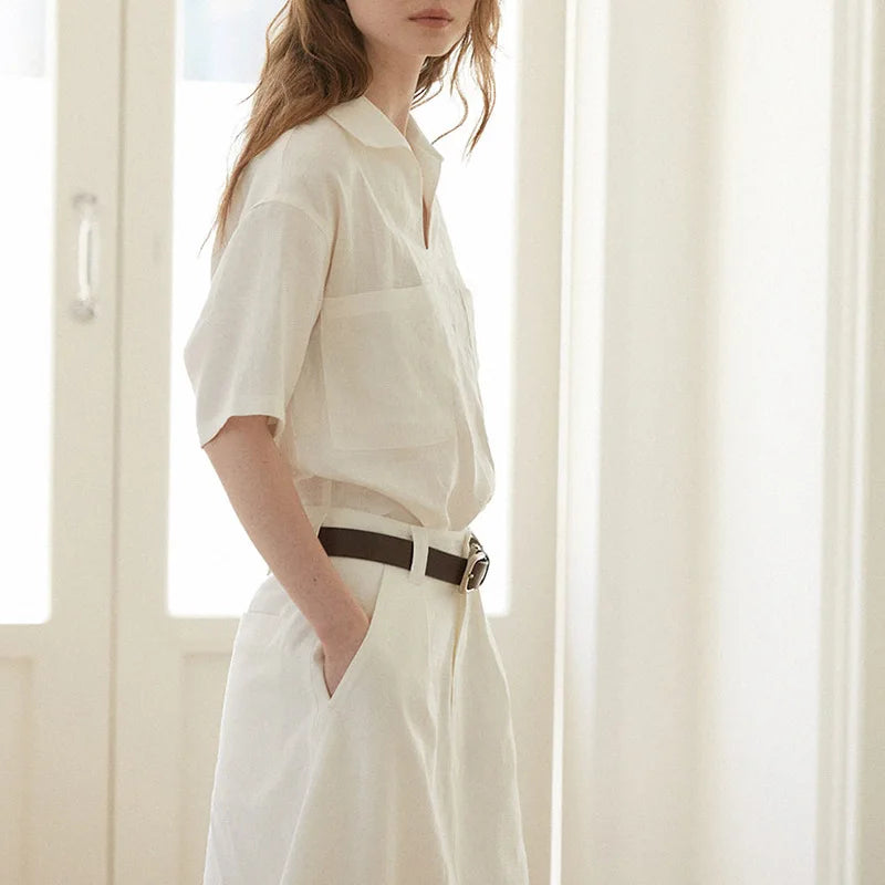 100% Linen V-neck Short Sleeve Blouse