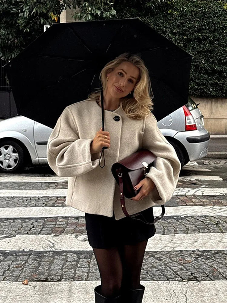 One Button O-neck Woolen Coats for Long Sleeve Cropped Oversized Jackets Lady High Street Outerwear New